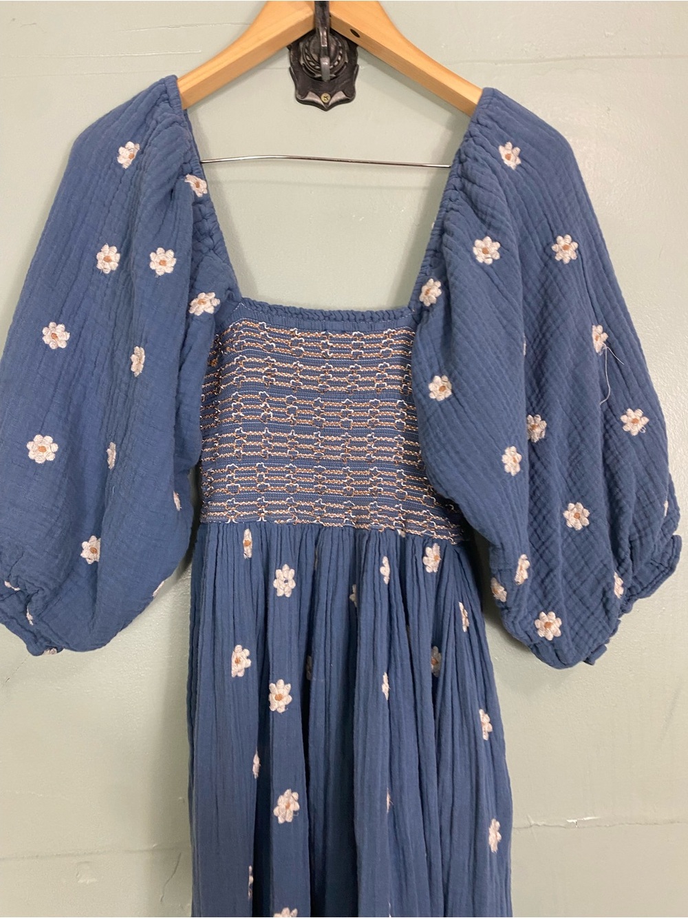 Free People Dahlia Embroidered Smocked Maxi Dress Blue Floral Sundress Small - Picture 11 of 16